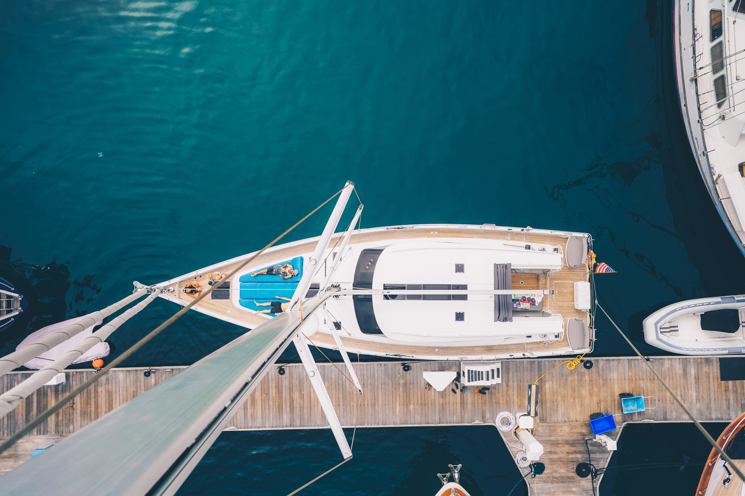 Overhead shot of a sailboat docked in San Diego bay